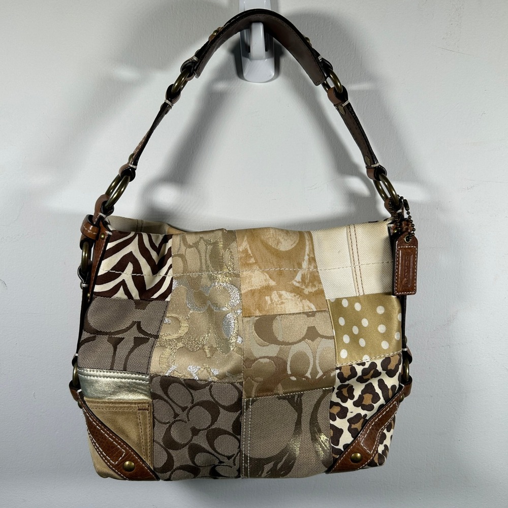 Coach Patchwork Signature Jacquard Hobo Bag Metallic Animal Print 13115